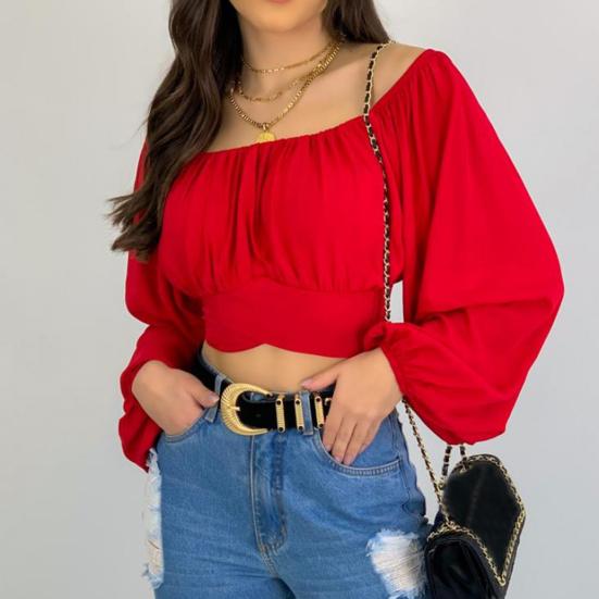 Elastic Collar Solid Color Loose Women Blouse Off Shoulder Lantern Sleeve Pullover Top Club Wear