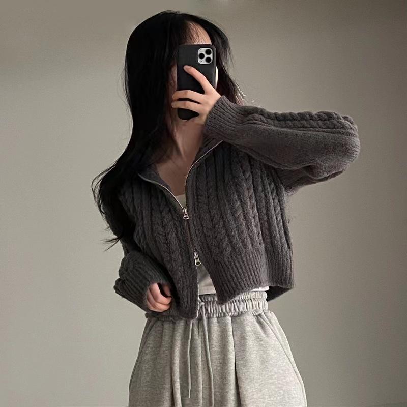 Women Double Zipper Sweater Lapel Short Pullover Crochet Fabric Solid Color Knitted Cardigan Casual Elegant Coat Fall Winter