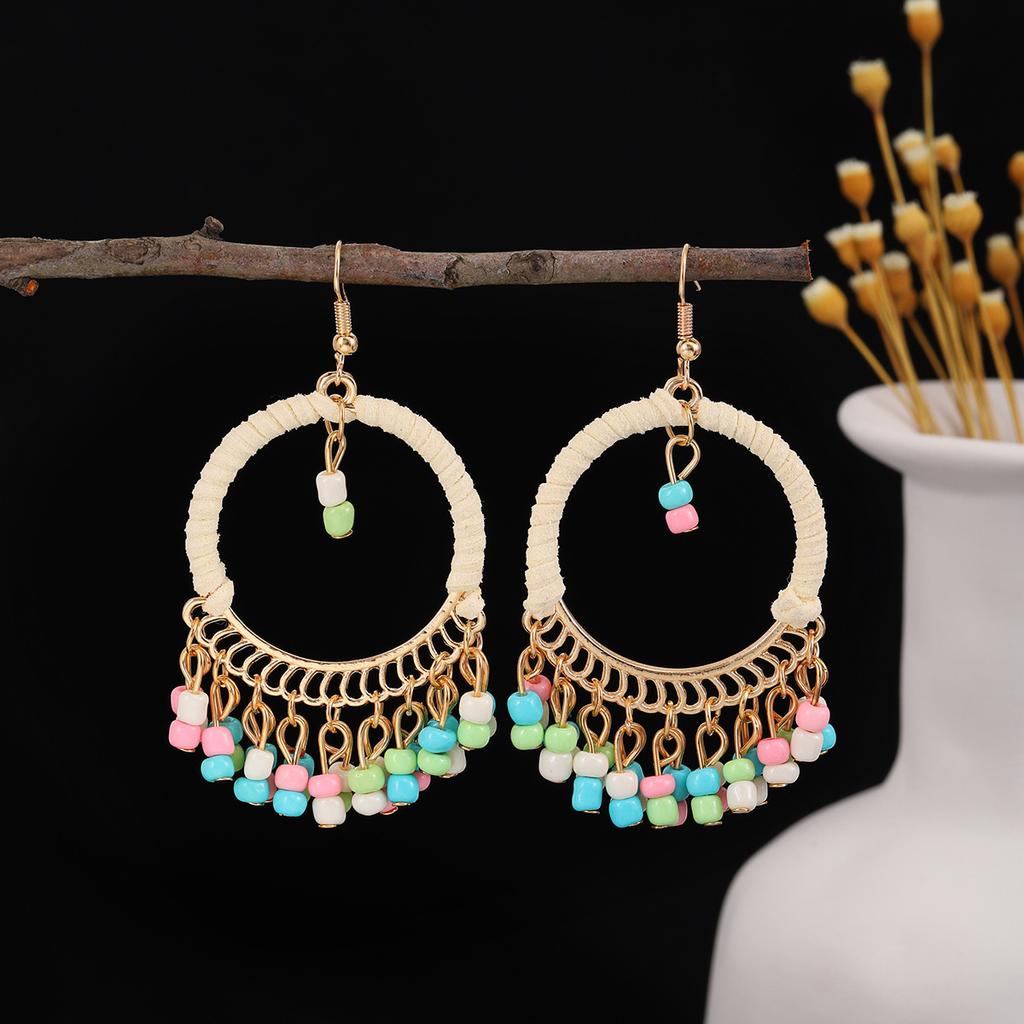 Ethnic Bohemian Geometric Round Earrings, Retro Hand-Woven Small Rice Bead Fringed Earrings