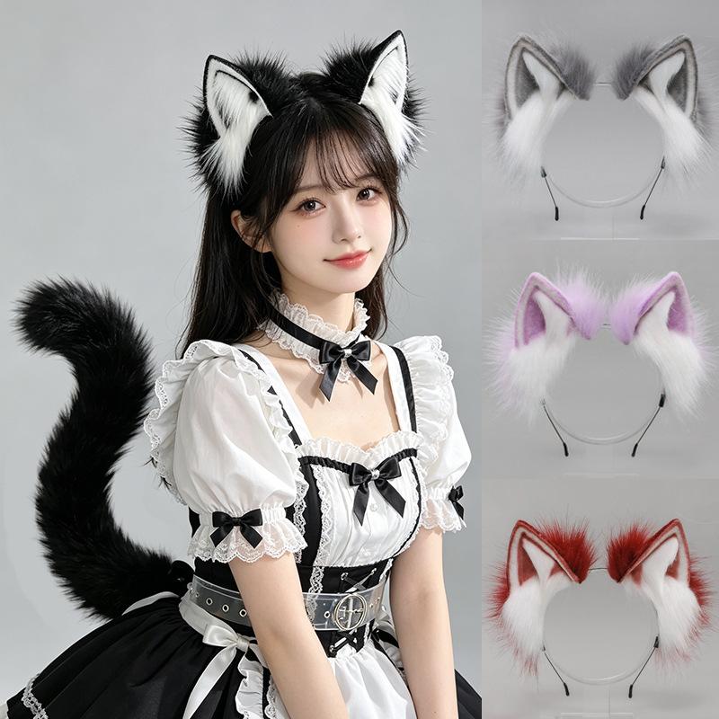 Ręcznie robiona opaska do włosów w japońskim stylu z uszami kota, Akcesoria do nakrycia głowy Cosplay Kotek Dziewczyny, Uszy lisa, Realistyczne uszy zwierzęce, Ogon