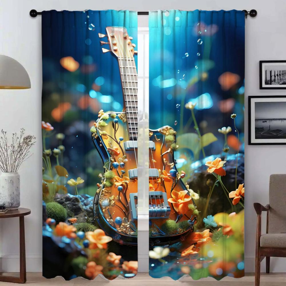 Antique Guitar Curtain Room Panel Curtains Bedroom Home Interior Halloween Decoration Shades Blinds Darkening Polyester Ideal For Master