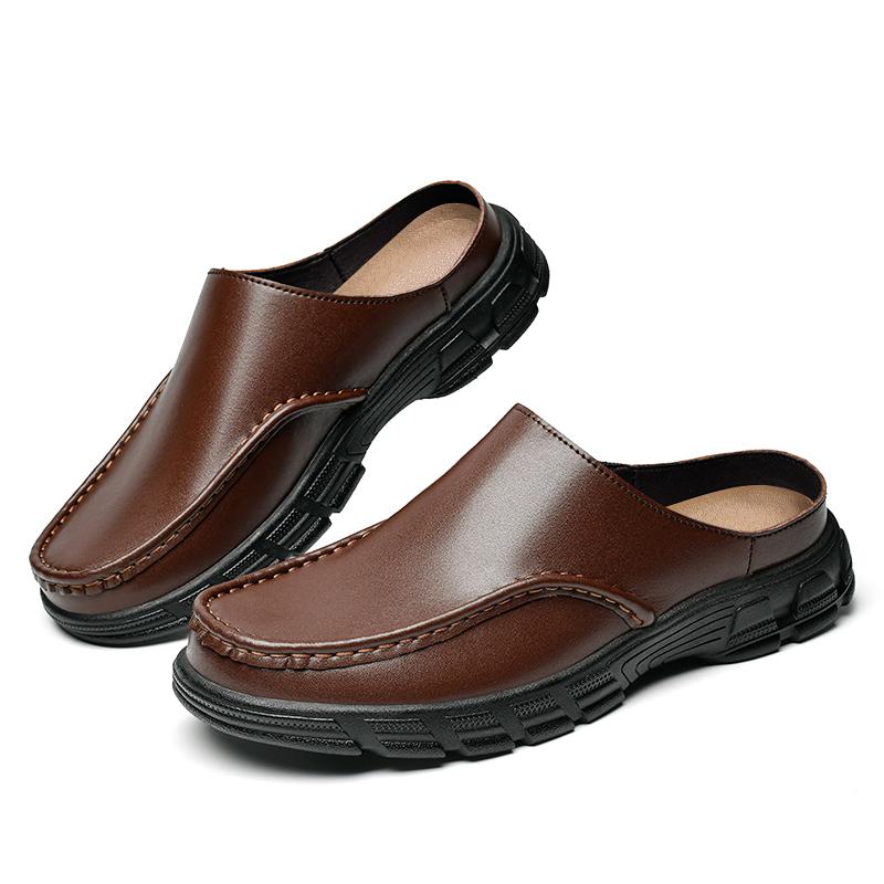 New Arrival Casual Shoes Fashion Handmade Leather Driving Slippers Mens Moccasins Slip On Half Flats Male Outdoor Muller Shoes