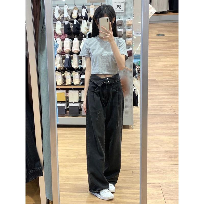 

Американские черные широкие джинсы High Street женские осенние с высокой талией Niche Design Sense of Loose Прямые брюки длиной до пола Tide XL чёрный