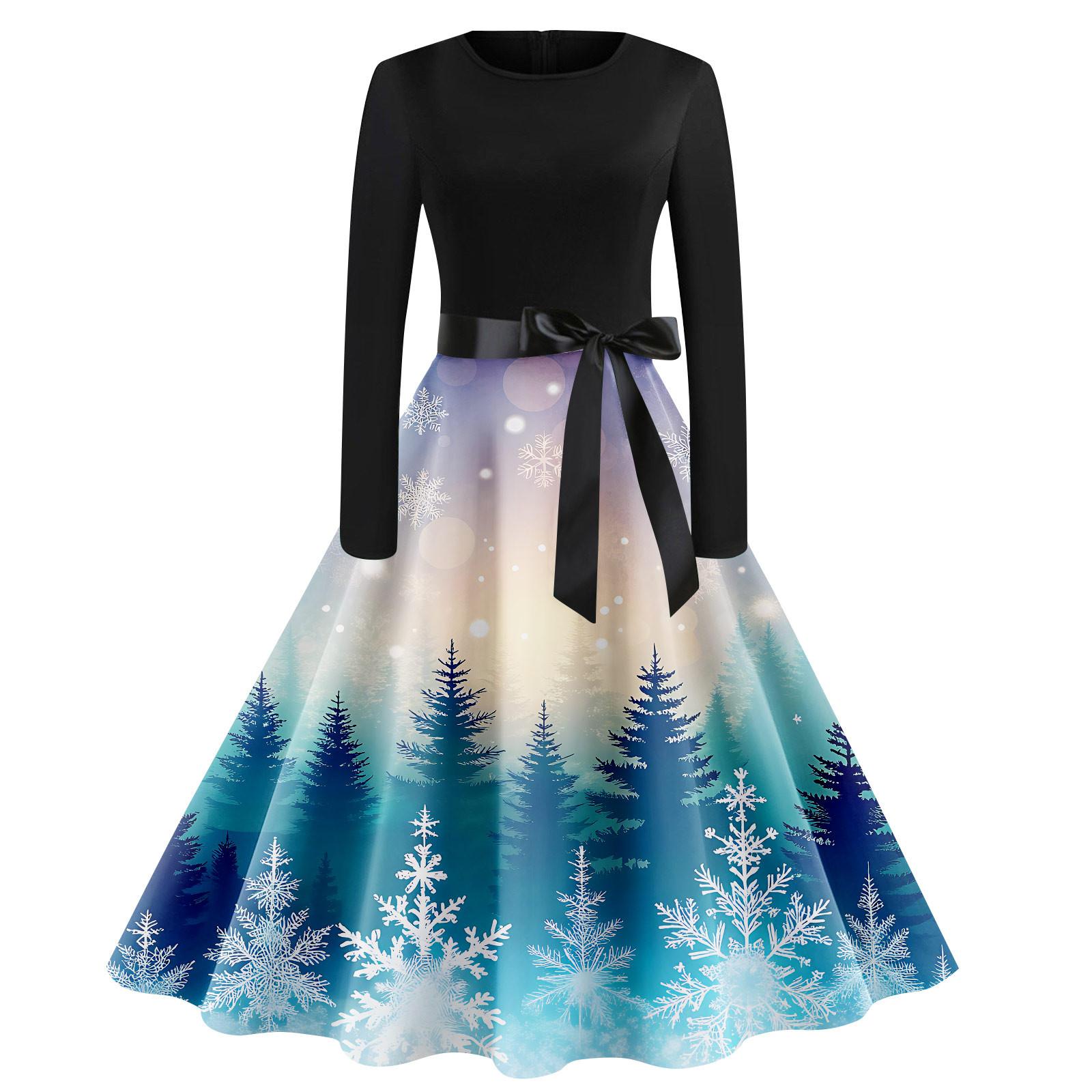 

Женское винтажное классическое платье с воротником на талии и галстуком-бабочкой с длинными рукавами и рождественским принтом, с круглым вырезом, свободное платье XXL