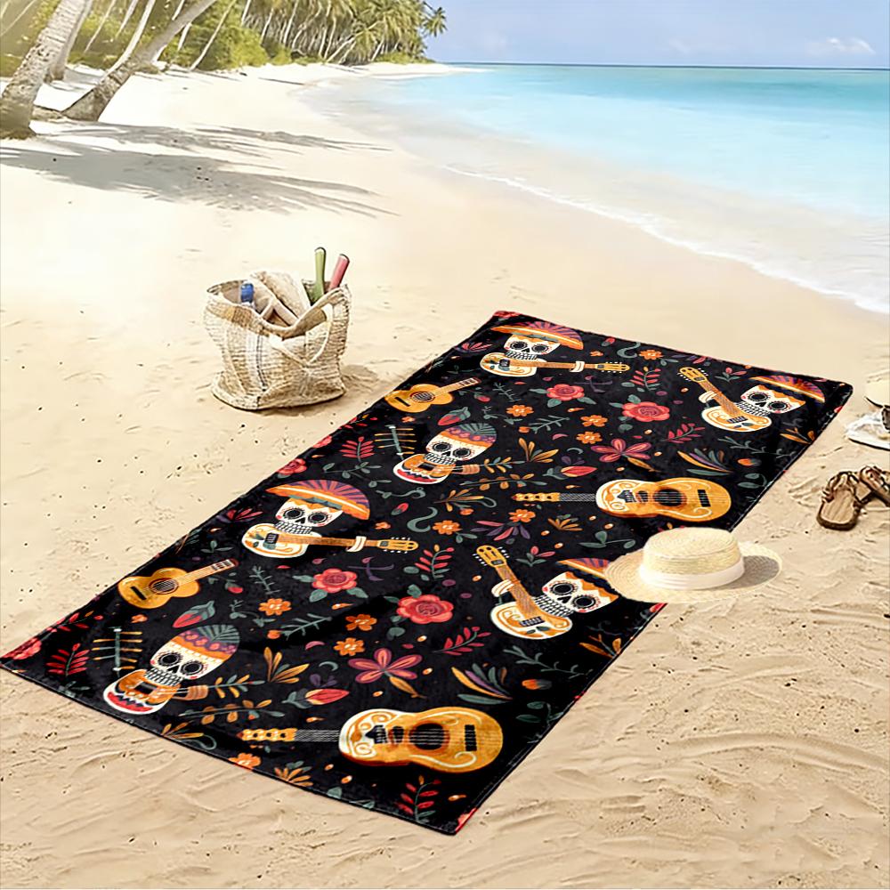 Tag der Toten Schädel Gitarre Blumendekor Strandtuch schnelltrocknend für Reisen Outdoor-Sport Joggen Strand und Schwimmen