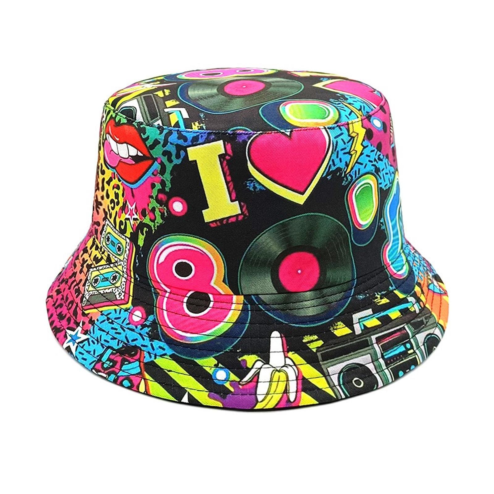 

Foldable Bucket Hat Adult 80s 90s Nostalgic Colorful Print Fisherman Hat Fashion Reversible Hat for AllAge Person