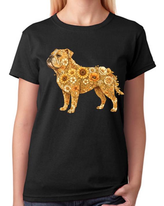 Floral Bulldog Animal Art Ladies T-Shirt Strong Dog Breed Tee XL