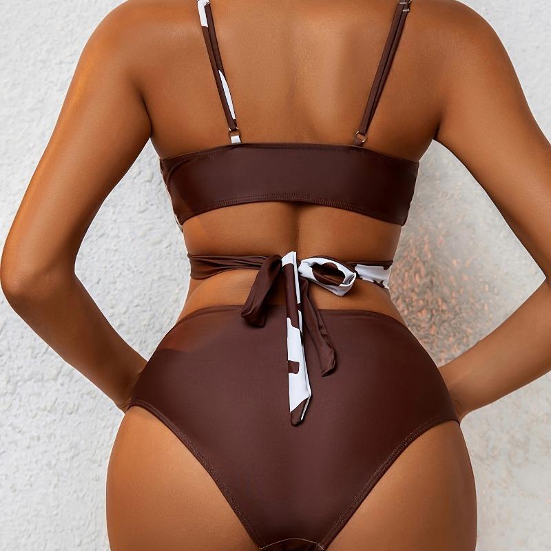 2025 Cow Print Patchwork Swimsuit Women High Waist Two- Piece Bikini Cross V-neck Bathing Suit Lace-up Backless Beach Swimwear