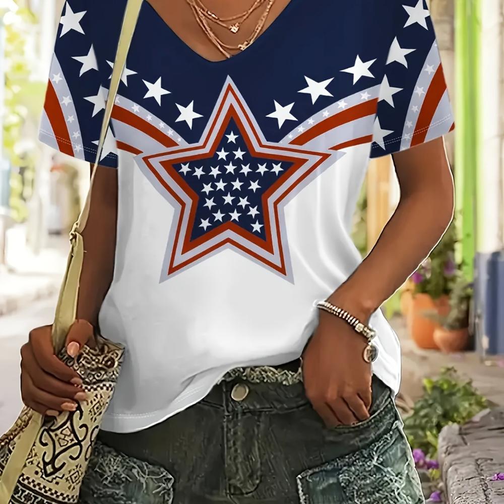 2026 New Star Print Women's T-Shirt Plus Size Top America Flag Summer Women's Trendy Clothing Short Sleeve Shirt V-Neck Blouse