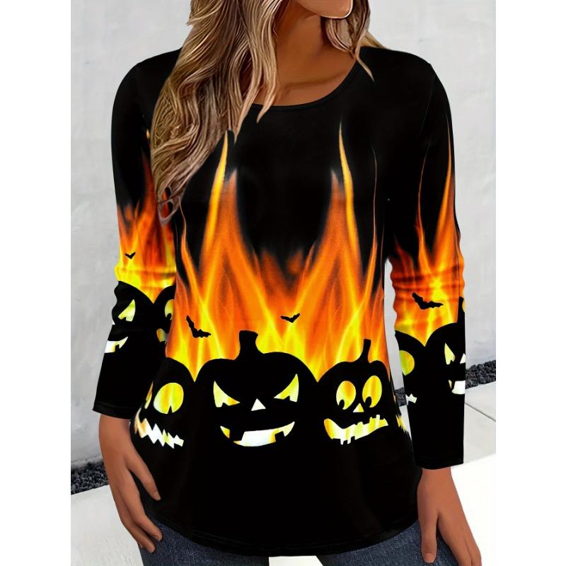 Women's Long Sleeve T-shirts Halloween Theme Black Cat Graphic Streetswear Polyester Tops Casual Pullover Women's Clothing