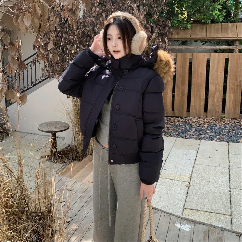 Winter new hooded cotton-padded clothes, cotton-padded clothes are thin and simple, big fur collar short coat women
