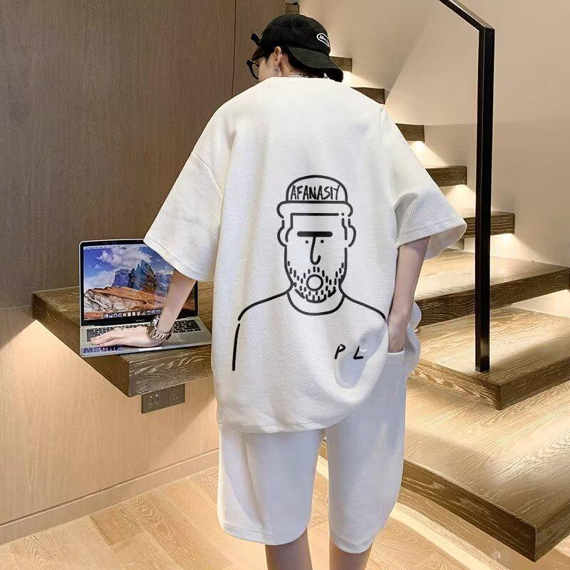 Summer 2024 Men's Hong Kong Style Waffle Sportswear: Trendy Short Sleeve T-Shirt & Shorts Set for Teens