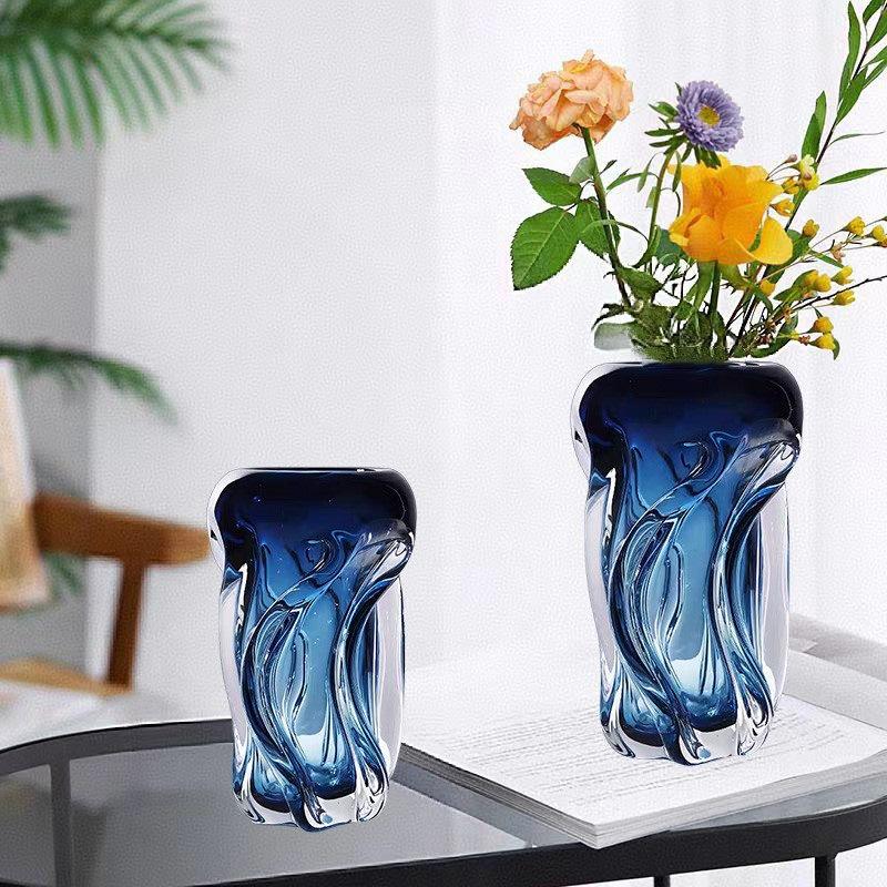 Blue Wavy Vase Thick Transparent Glass Hydroponics Terrarium Wave-twisted Pattern Flower Arrangement Flowerpot Home Decoration