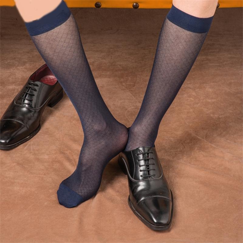 Elegant Mens Sheer Diamond Pattern Dress Socks See Through Nylon Business Formal Wear Thin Long Tube Over the Calf Socks