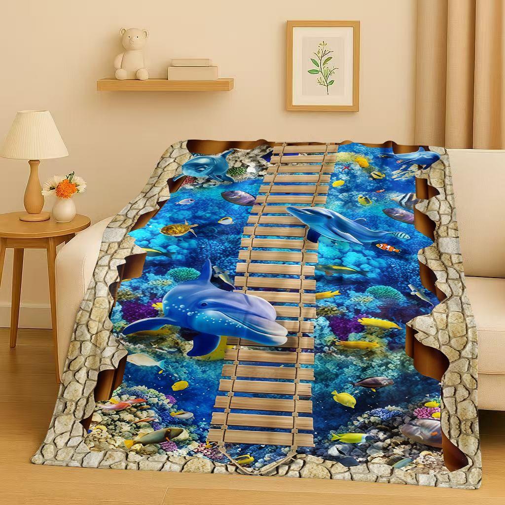 3D Illusion Underwater World Breaking Wall Art Flannel Blanket,Ultra Soft Warm Plush Throw for Home Bedroom Bed Sofa Cover Gift