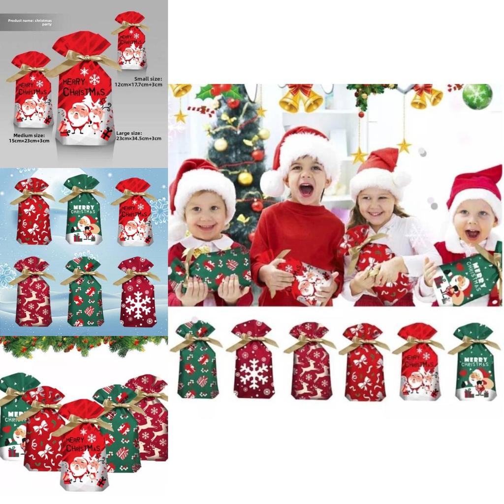 Christmas Gift Bag With Drawstring Ribbon Santa Print For Holiday Packaging