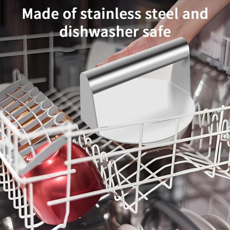 Stainless steel round hamburger press plate with handle, cooked meat steak mashing machine, board burning kitchen artifact