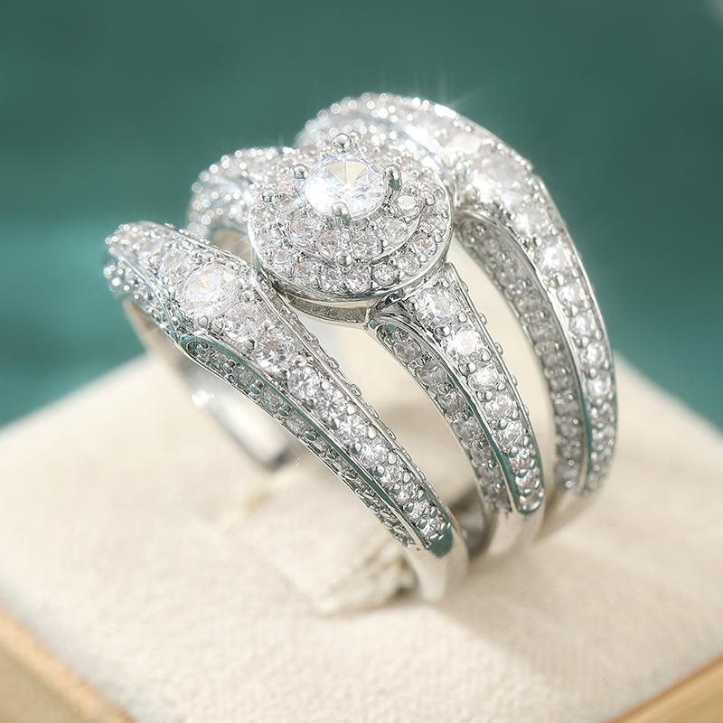s/set Luxury Unique Design Synthetic Zirconia Silvery Rings for Women Fashion Elegant Wedding Anniversary Jewelry Accessories