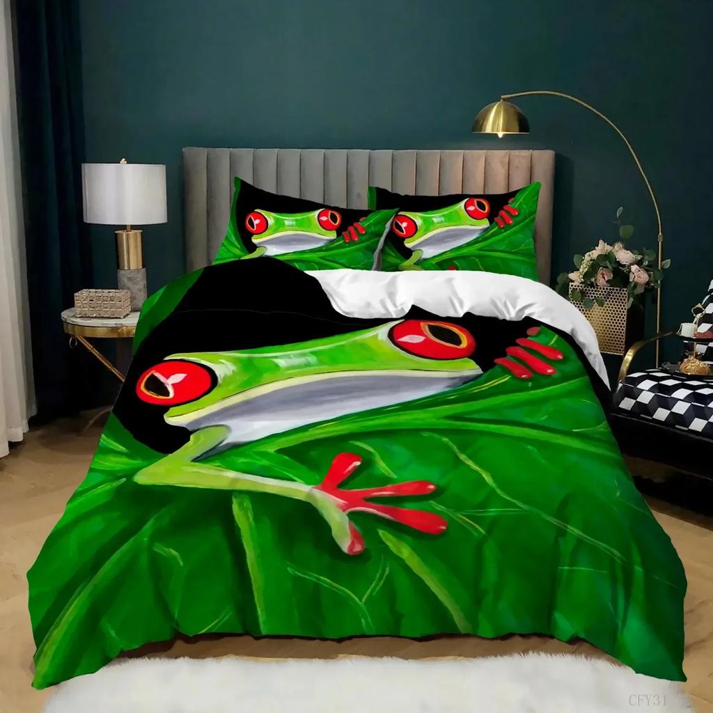 Top Frog Duvet Cover Set King Size Funny Frog Tropical Amphibian Bedding Set 3D Tropical Nature Animal Polyester Quilt Cover