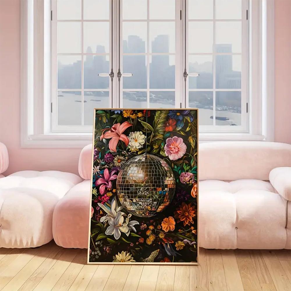 1PC Interior Disco Ball Flowers Posters and Prints Canvas Painting Vintage Mirror Ball Pictures for Bedroom Kitchen Home Decor