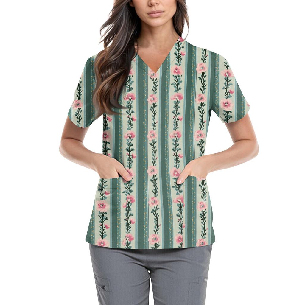 Süße bedruckte Arbeitskleidung für Damen, V-Ausschnitt, doppellagige Taschen, Basic, kurzärmeliges Oberteil, Pullover, Valentinstag