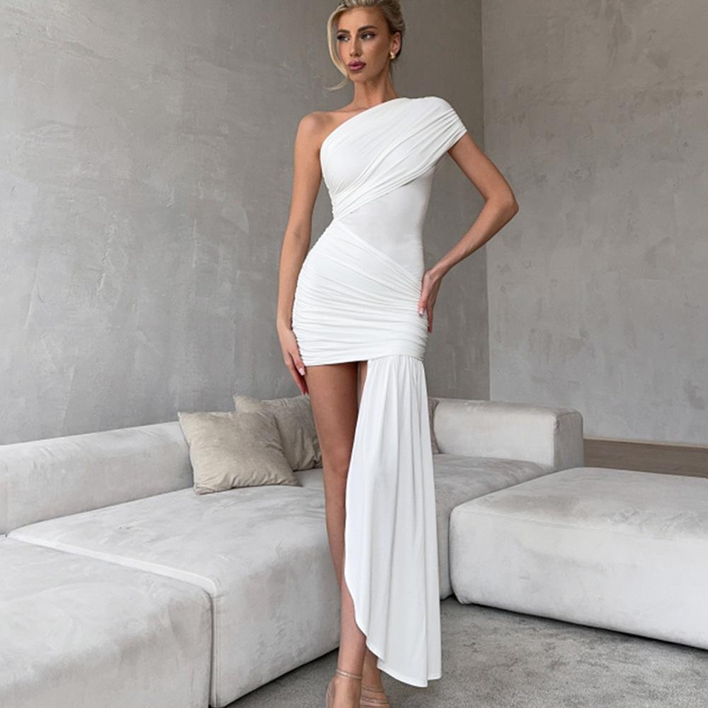 Summer New Streamer Pleated Short Skirt Sexy Spice Girl Single Shoulder Sleeveless Hip Wrap Dress
