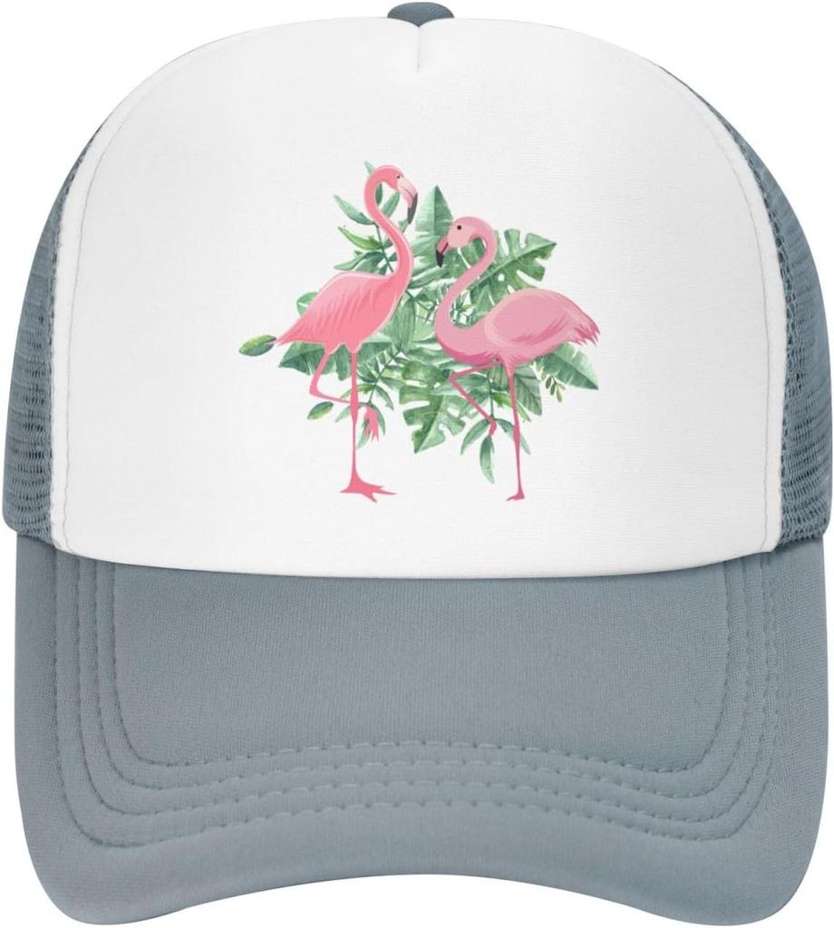 Flamingo Tropical Leaves Print Trucker Hat Adjustable Mesh Baseball Cap for Unisex Casual