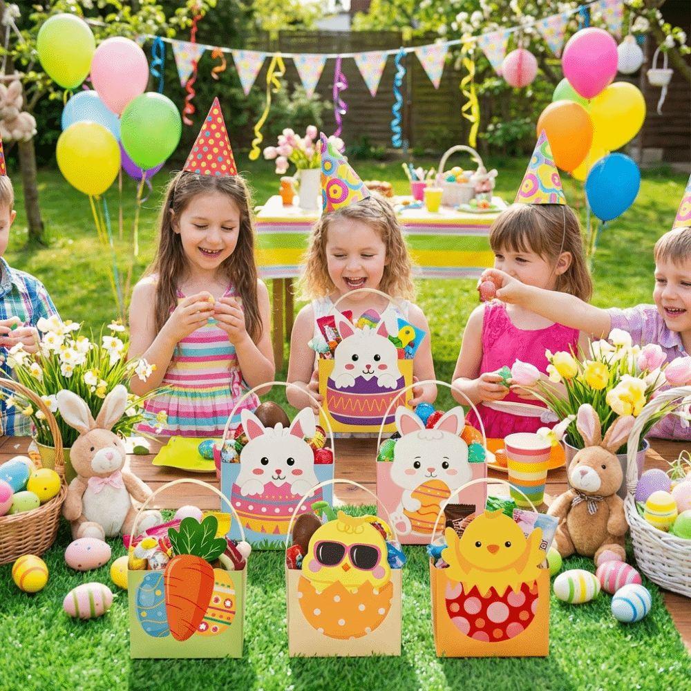 6pcs Cartoon Basket Gift Box with Handle Easter Paper Boxes Easter Bunny Candy Boxes  Candy Storage