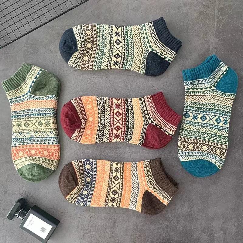 Men's Socks, Retro Ethnic Style Boat Socks, Double Spring and Autumn Short Socks, Thick Thread Trendy Socks, Sweat-absorbing Cotton Socks