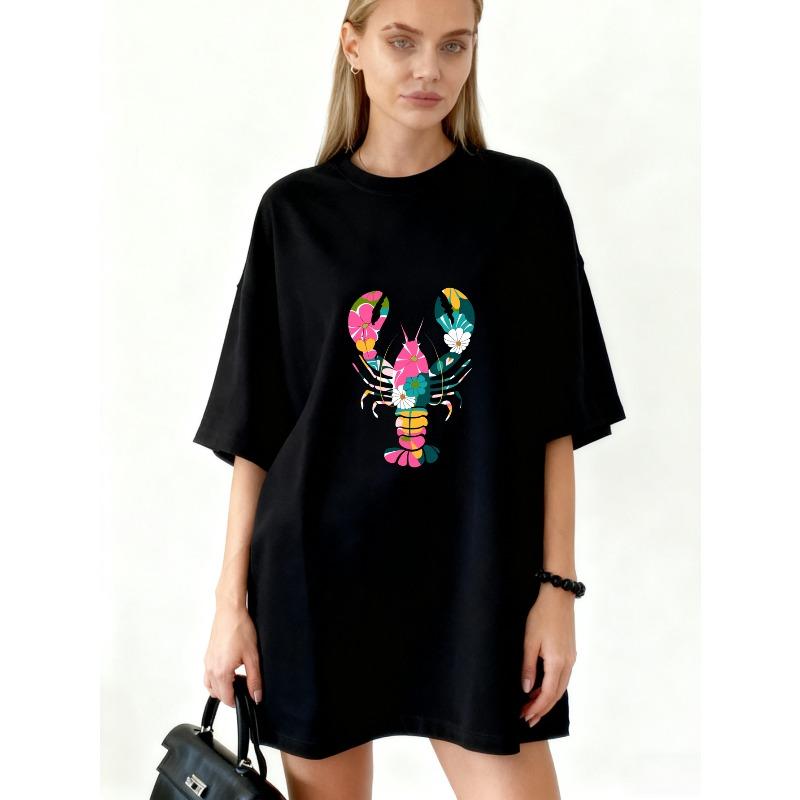 Übergroßes T-Shirt-Kleid Schwarz Bunter Hummer-Print Sommer Freizeitkleidung