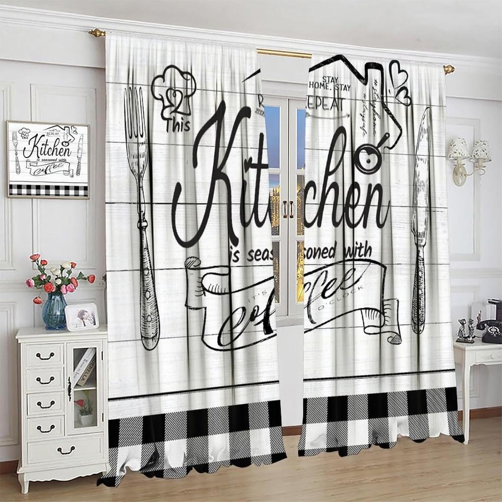 Farmhouse Rustic Kitchen Curtains, Vintage Fork Spoon Barn Rustic Plank Cafe Curtains Home Living Room Bedroom Blackout Curtains 2 Panels 42x45