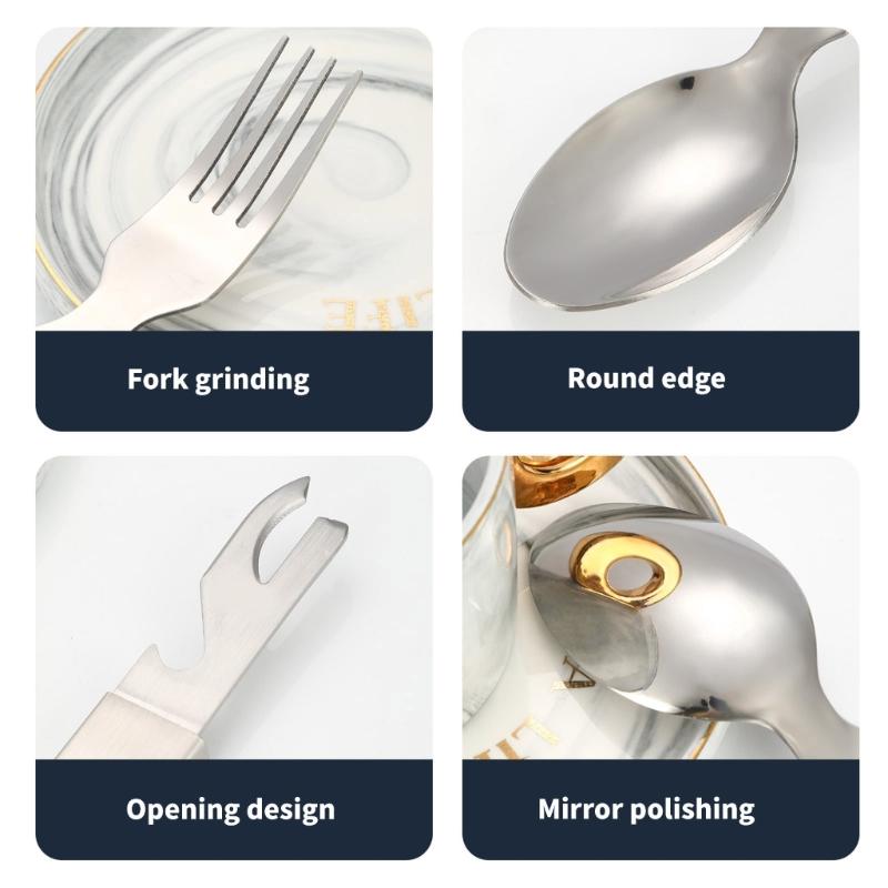 4 Pack Stainless Steel Travel Utensils Set Outdoor Cutlery Perfect for Campers Includes Spoon Fork Cutter Bottle Opener