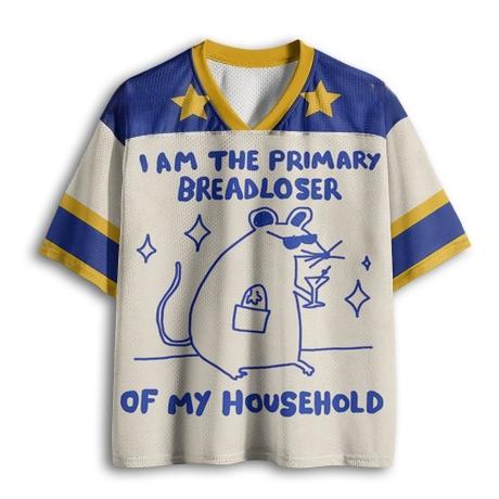 Hand Drawn Cool Mouse Funny Household Slogan Print Blue Yellow Color Block Mesh V Neck Loose Football Jersey T-shirt