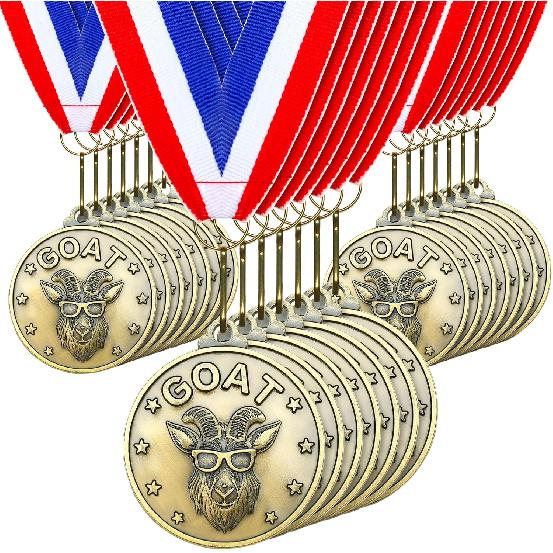 Remuuly 30 Pcs Greatest of All Time Medals 3D Goat Medal Award Gold Champ Trophy Gift with Neck Ribbon Football MVP Trophy All Time Goat Pendant for