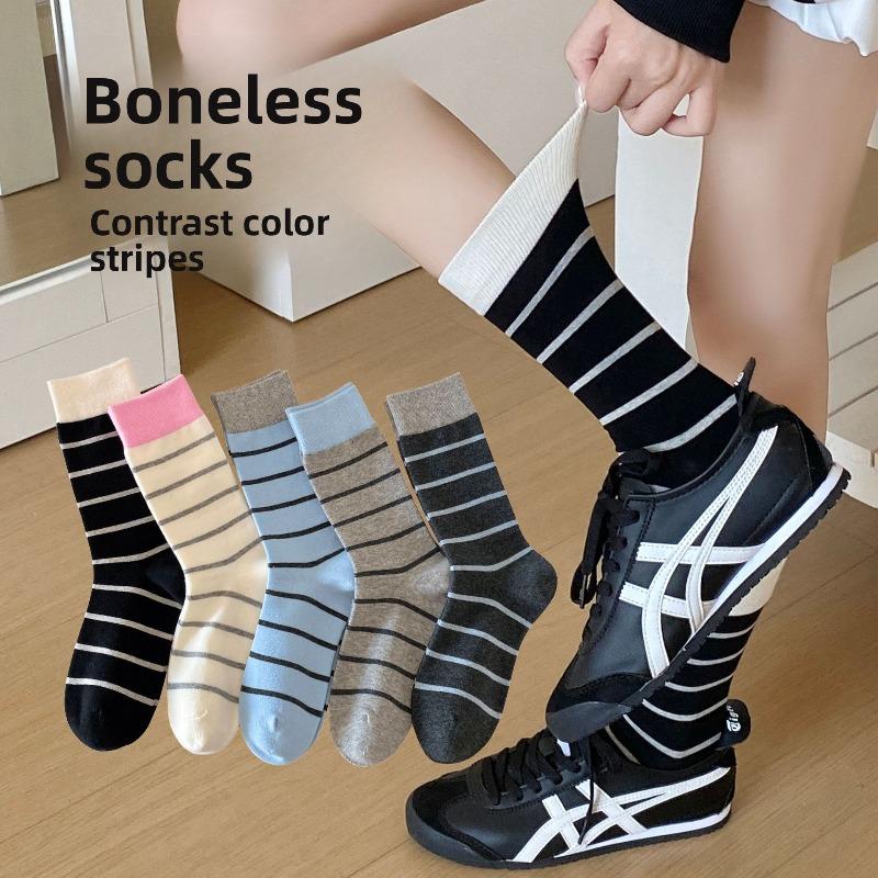 Women's Autumn and Winter Color-blocking Striped Mid-calf Socks, Versatile Color-blocking Long Calf Socks, Boneless Pile Socks for Women