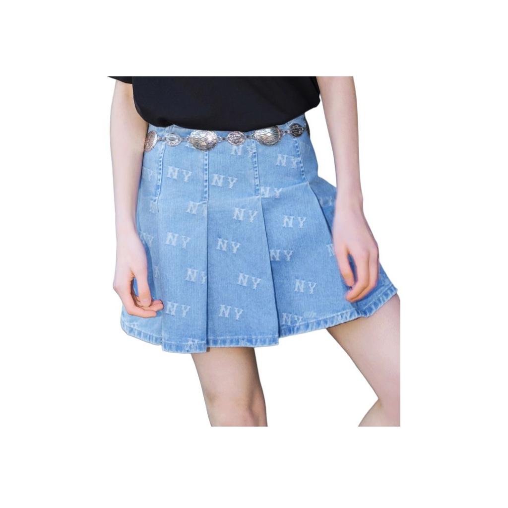 New MLB New York Yankees Old Flower Denim Short Skirts Women's Light Blue 3FDSM0153-50BLL