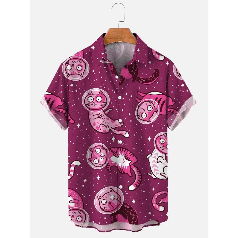Hawaii Men's Shirt Anime Shirt Cartoon Short-sleeved Tops Summer Casual Men's Clothes Street Animals Cats Retro 3d Tees