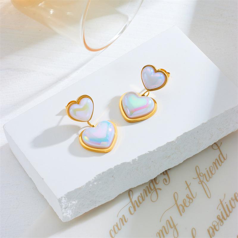 Gold Double Heart Drop Earrings with Iridescent Shell for Women