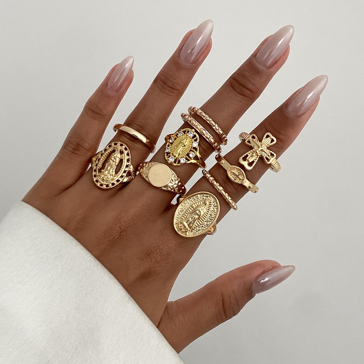 Hip Hop Instagram Diamond Crown Portrait Ring Set Retro Fashion Cross Joint Ring Set