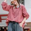 Camicia a Scacchi da Donna Manica Lunga Artistica Retro Casual Larga Plus Pizzo Gancio Fiore Patchwork Cotone Lino