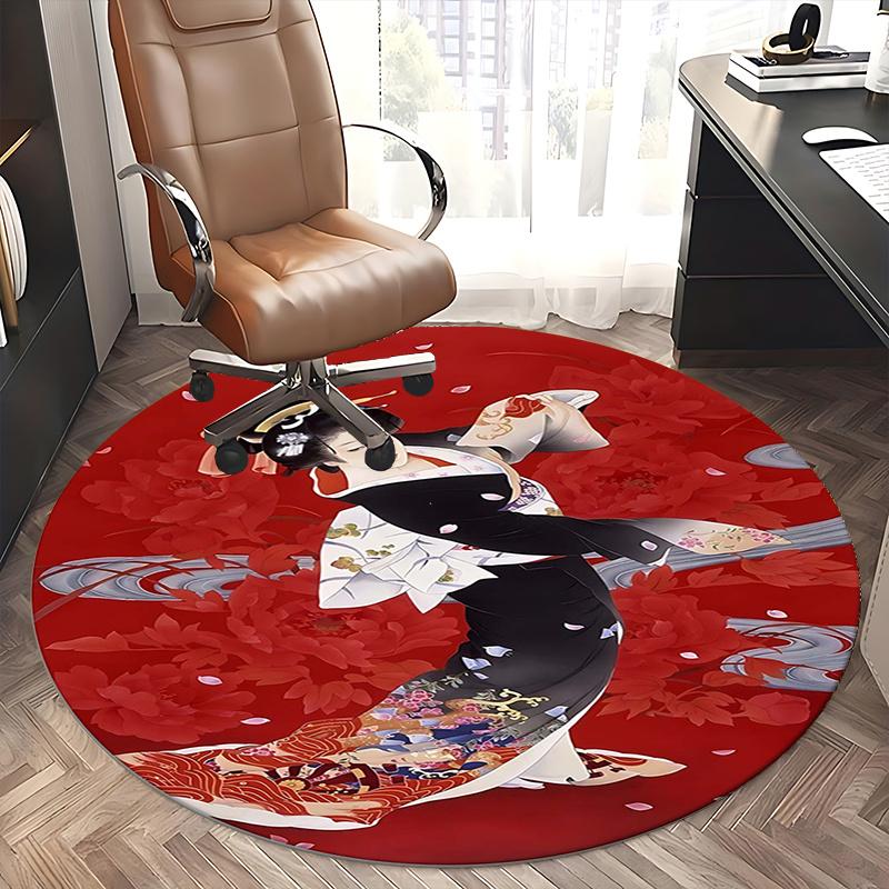 Traditional Japanese Kimono,Geisha Dance Chair Mat Round Rug Office Carpet, Non Slip, Suitable for Living Rooms, Bedrooms Decor.1205227a