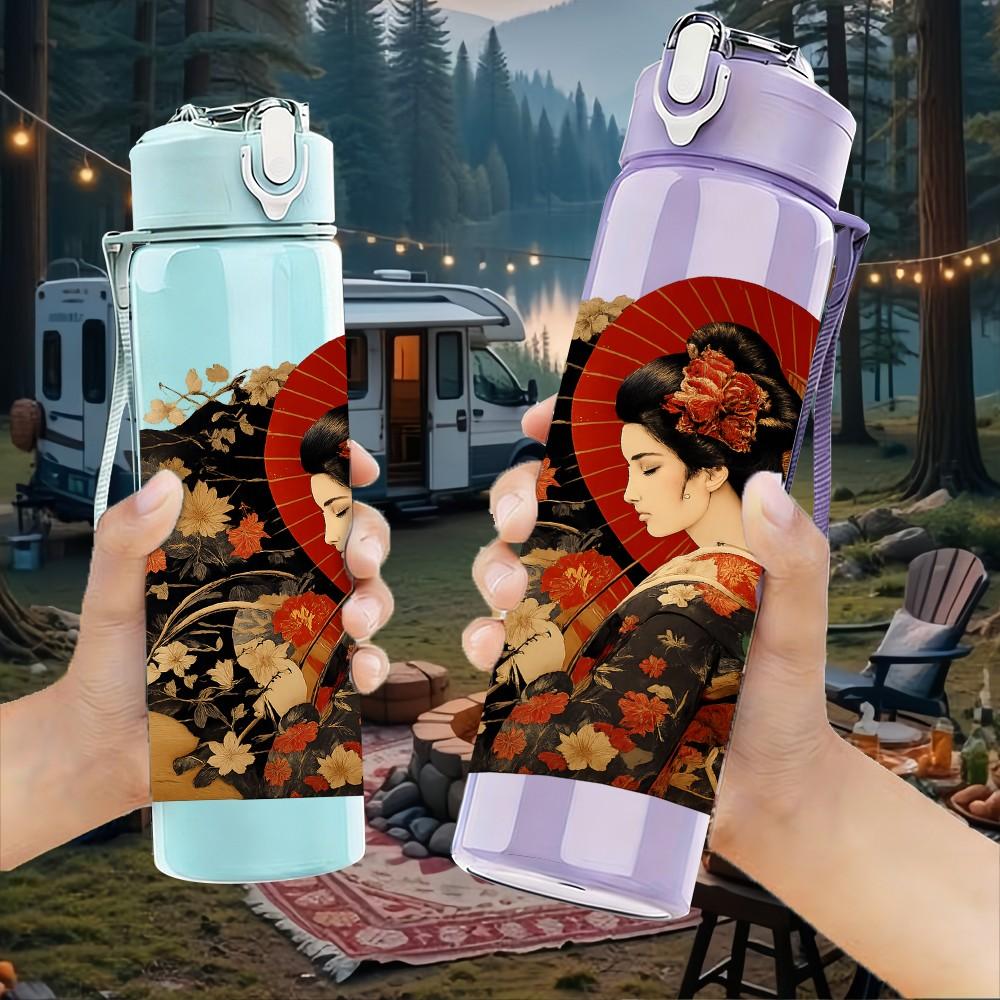 1PC Vintage East Asian Lady Art Print 750ml Color Plastic Sports Water Bottle Leakproof Flip Straw Lid Suitable for Sports Office Home Use