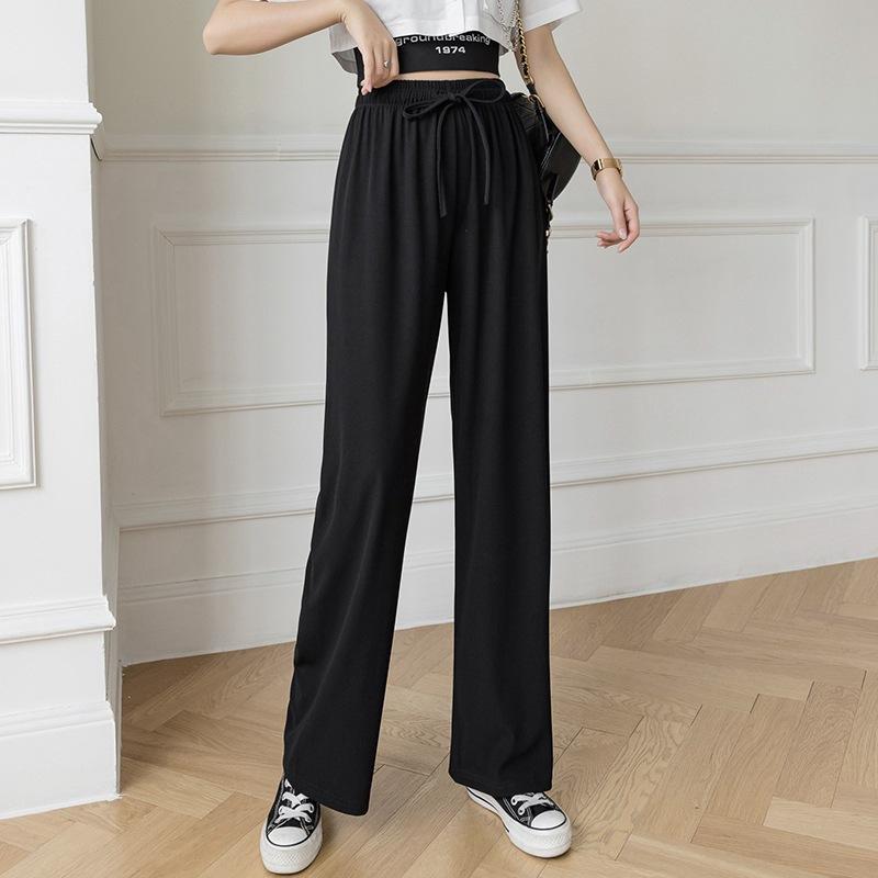 GMXIA Women's Ice Silk Pants Women's Summer Slim Draping High Waist Loose Straight Pants Floor Length Casual Wide Leg Pants