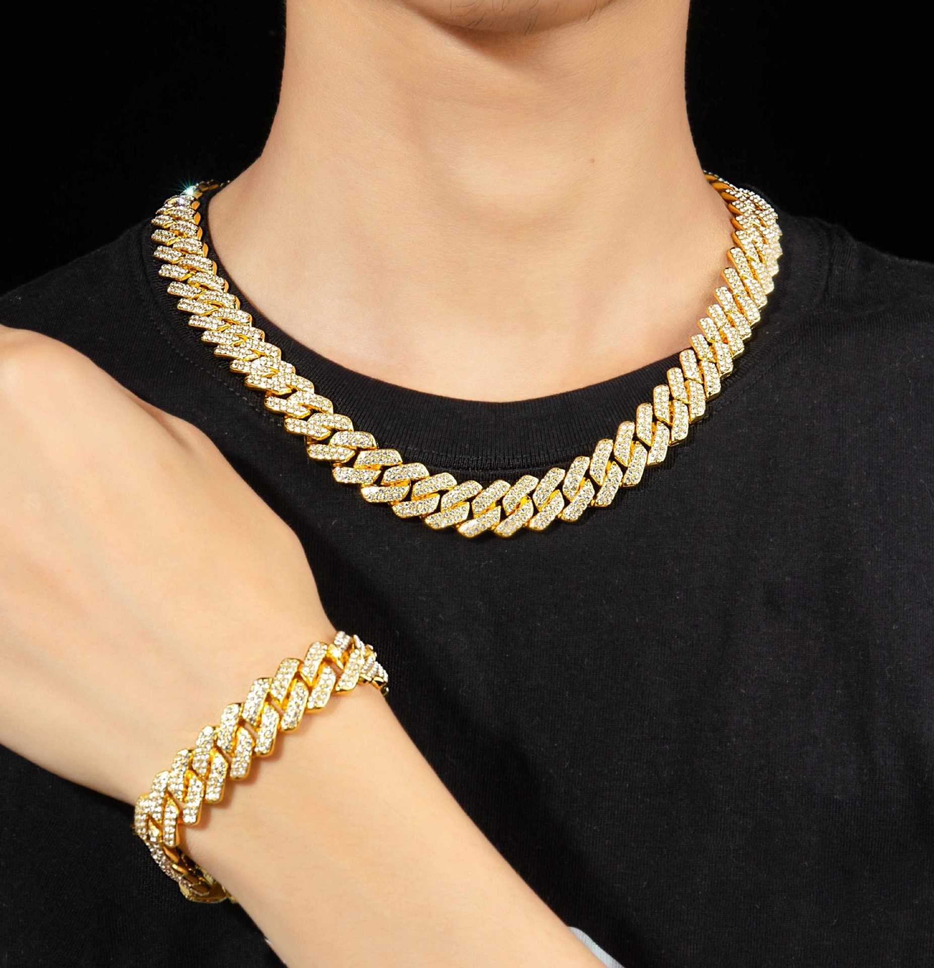 

Новая сплавная кубинская цепь 14 мм ромбовидный оригинальный дизайн бриллиантовое ожерелье для мужчин и женщин 40cm 85g розового золота