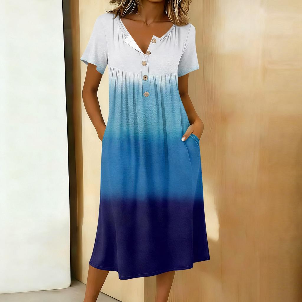 Women's Fashion Gradient Color Printed Round Neck Short Sleeve Button Neck Medium Length Casual Dress