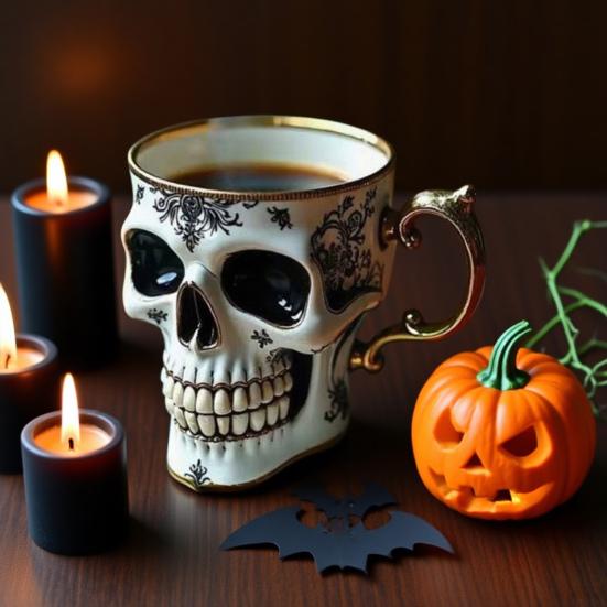 Gotický hrnek na kávu Lebka Královský hrnek Kostlivec se zlatým lemem Pryskyřičný gotický šálek na čaj Jedinečný halloweenský dárek pro milovníky lebek