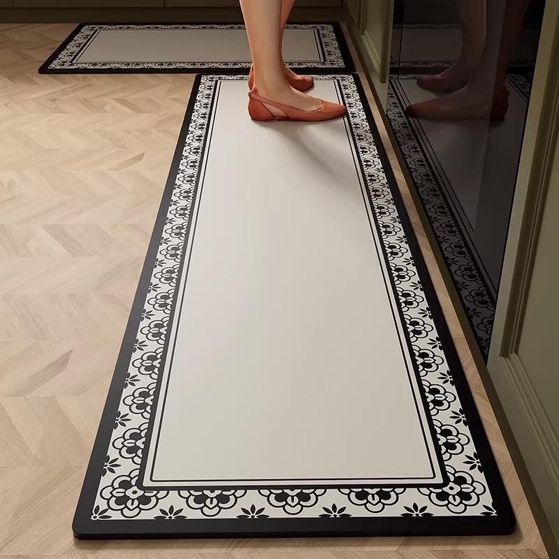 Kitchen Carpet PVC Waterproof Leather Rug Black and White Striped Non-slip Floor Mat Home Decoration Rugs Alfombras De Cocina