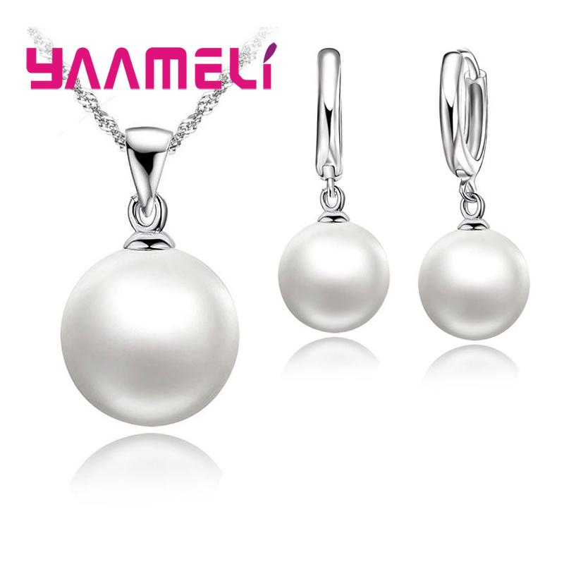 925 Silver Pearl Necklace and Hoop Earrings Set for Women Wedding Jewelry