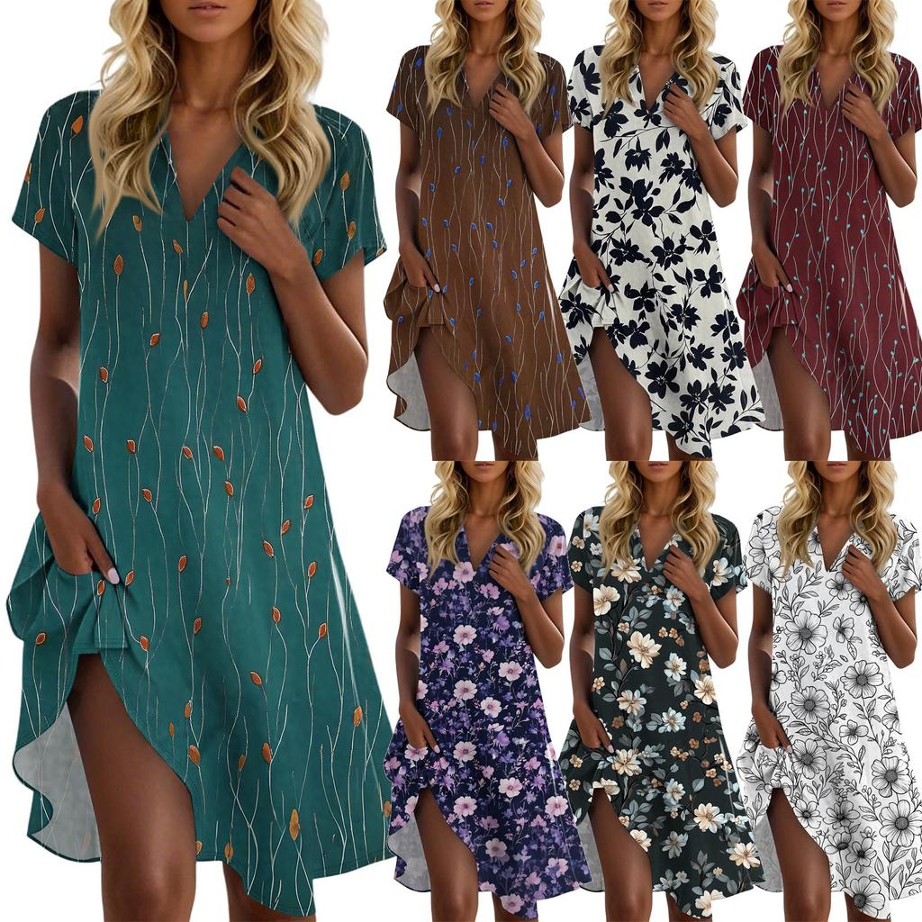 Women's Casual Fashion Lapel Floral Print Dress Short Sleeve V Neck Short Skirt