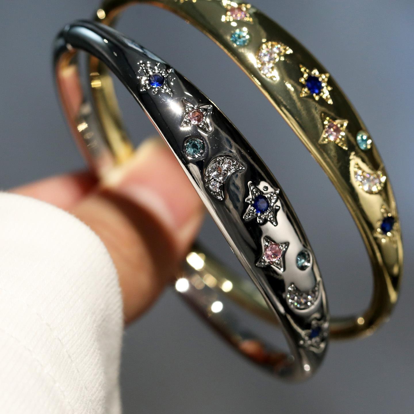 2026 Court Style Retro Design Feeling Stacked Bracelet, High Quality Zircon Gold-plated Star Moon Bracelet Quantity 2